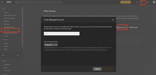 create managed account on plex