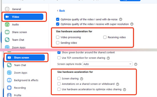 disable hardware acceleration on zoom