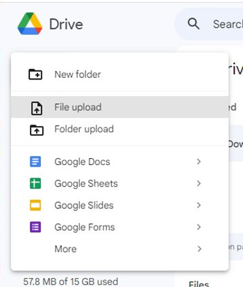 google drive new file folder upload