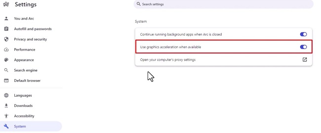 hardware acceleration in arc browser