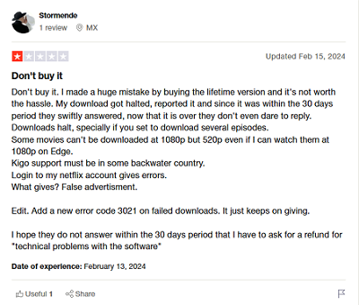 negative feedback of kigo netflix video downloader
