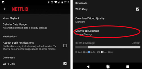 netflix mobile app settings download location