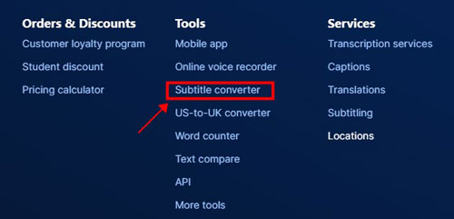 subtitle converter in gotranscript website bottom menu