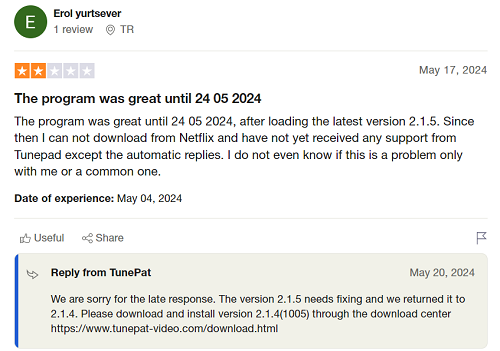 tunepat negative customer feedback
